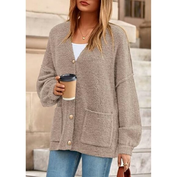 Oversized Chunky Knit Cardigan with Lantern Sleeves and Pockets - Picture 6 of 8